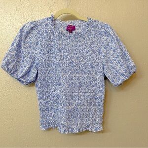 J. Crew Puff Sleeve Blue Floral Smocked Top Liberty Fabric Sz Medium